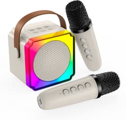 Karaoke Set voor Kinderen met Bluetooth Speaker van MMOBIEL – Met 2 Draadloze Microfoons, LED-verlichting, Geluidseffecten – Feest, Cadeau voor Meisje, Jongen, Kinderen 3+ jaar – Beige — thumbnail 1