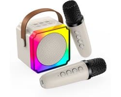 Karaoke Set voor Kinderen met Bluetooth Speaker van MMOBIEL – Met 2 Draadloze Microfoons, LED-verlichting, Geluidseffecten – Feest, Cadeau voor Meisje, Jongen, Kinderen 3+ jaar – Beige