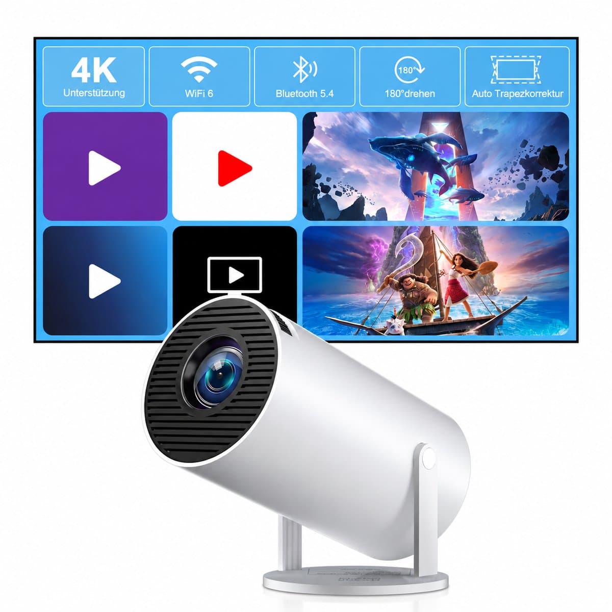 Mini beamer – Android 14 – WiFi 6 & Bluetooth 5.4 – 4K ondersteuning – 210° draaibaar – Auto Keystone — afbeelding 1