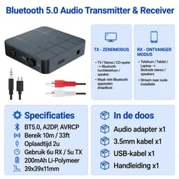 Bluetooth 5.0 Audio Zender & Ontvanger 2-in-1 – Draadloze AUX Adapter voor TV, Autoradio, Stereo, Speakers & Koptelefoon — thumbnail 4