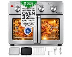 TurboTronic AF32MFD Airfryer Oven XXL – Dubbele Deur – 32L Vrijstaande Mini Oven – Heteluchtoven – Zilver