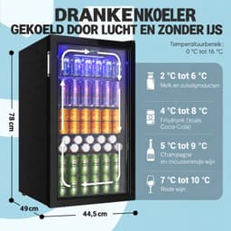 Brandistry - Drankenkoelkast - Drankkoelkast - Koelkast - Glazen Deur - Verstelbare Planken - 90 Liter - LED Verlichting - Zwart — thumbnail 4