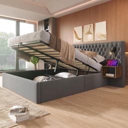 Bedframe 180 x 200 cm, slaapkamer, complete set, hydraulisch gestoffeerd bed met opbergruimte en 2 nachtkastjes, hoofdeinde met led-leeslamp en USB-oplaadfunctie, fluweel, grijs, zonder matras — thumbnail 5