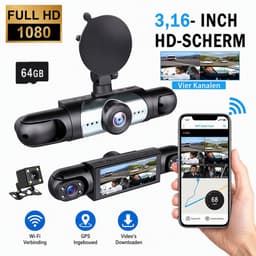 TEKROA® Dashcam Auto - Dashcams - 4 Lenzen (Voor, Achter, Links, Rechts) - 1080P Full HD - WiFi & GPS - Nachtzicht - G-Sensor - Parkeerbewaking - 3,16 Inch met App - Incl. 64GB SD-Kaart - zwart — thumbnail 1