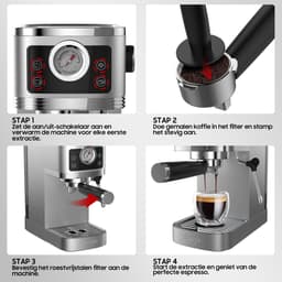 20 Bar Espressomachine met Ingebouwde Drukmeter - Compacte Professionele Koffiemachine (20 cm Breed) met Afneembaar Waterreservoir van 1.3L en Instelbaar Volume voor 1-2 Kopjes - Zilver — thumbnail 2