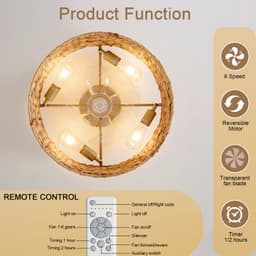 Plafondventilator Met Verlichting – 50 cm – Riet En Kunststof – Koper – App- En Afstandsbediening – 6 Snelheden – Timer En Omkeerfunctie — thumbnail 3