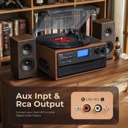 ORCC 10-in-1 Platenspeler Vintage – Bluetooth Vinyl Platenspeler met CD, USB, SD, AUX, RCA, Ingebouwde Stereo Speakers, Afstandsbediening, 33/45/78 RPM en Houten Behuizing – Bruin — thumbnail 3