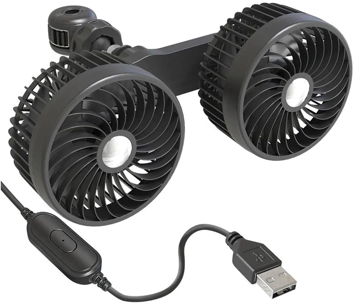 LISM-Ventilator met twee koppen Geschikt voor in de auto, USB-oplaadpoort, drie standen: stil, krachtige luchtstroom en 360° draaibaar. — afbeelding 1
