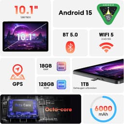 SnelShoppen - Android 15 Tablet 10 Inch, Octa-Core CPU, 18GB RAM, 128GB ROM, WiFi 6, Dual Speakers, GPS, 6000mAh, Perfect voor Films en Gaming — thumbnail 2