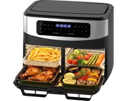 Airfryer - 12L grote inhoud - 2600W - met dubbele bakruimte en kijkvenster- Dual Zone Heteluchtfriteuse met uitneembare scheidingswand - 10-in-1 - Eenvoudig schoon te maken - Vetarm koken zonder olie - Recepten