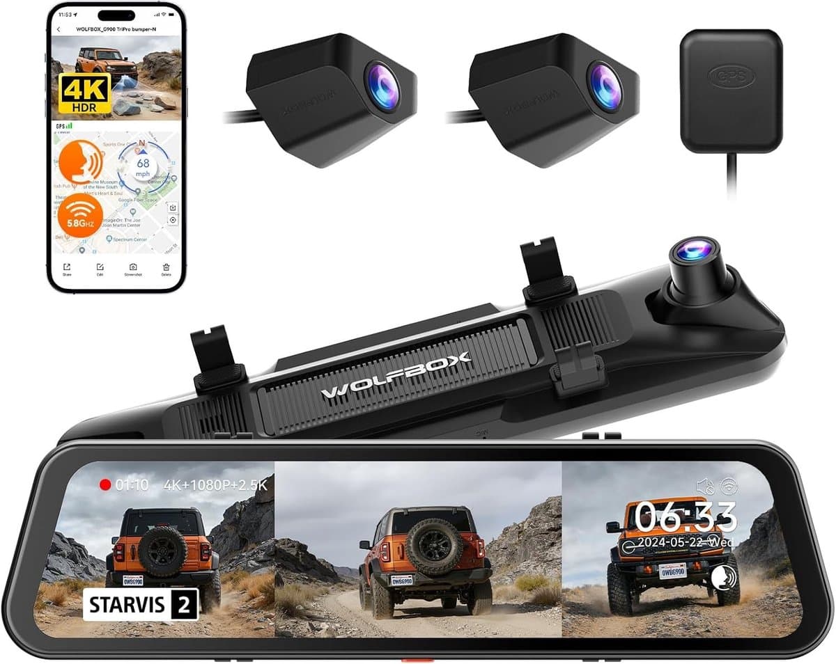 Dashcam voor auto - Zwart - 12 inch - 3-kanaals 4K Achteruitkijkspiegel met Bumpercamera - Voor Offroad en Stad — afbeelding 1
