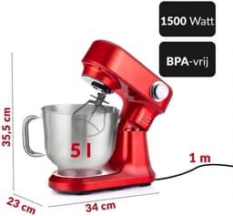 NIVA® Deegmachine - Mixer met Kneedhaak - Kneedmachine - Rood - 23cm x 34cm x 36cm — thumbnail 2