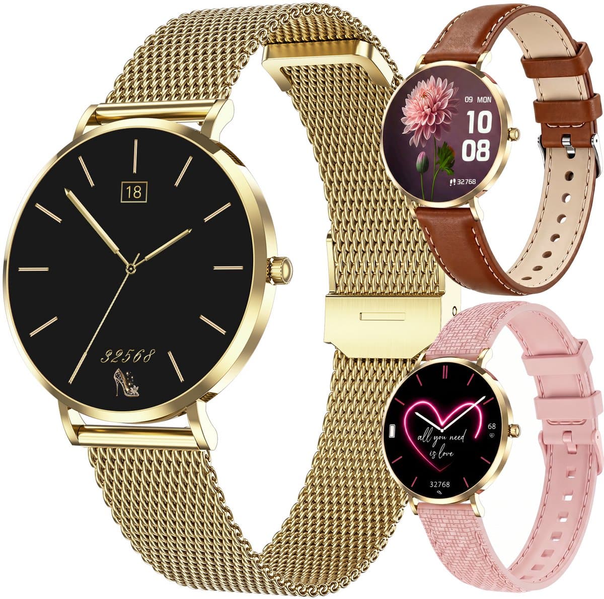 Synyq Liva AMOLED Smartwatch Dames – 40mm – 3 Bandjes - Horloge Dames – Stappenteller - Sporthorloge Dames - Hartslagmeter - Bloeddrukmeter - Slaapmonitor - Geschikt voor iOS/Android - Gold — afbeelding 1