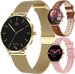 Synyq Liva AMOLED Smartwatch Dames – 40mm – 3 Bandjes - Horloge Dames – Stappenteller - Sporthorloge Dames - Hartslagmeter - Bloeddrukmeter - Slaapmonitor - Geschikt voor iOS/Android - Gold — thumbnail 1