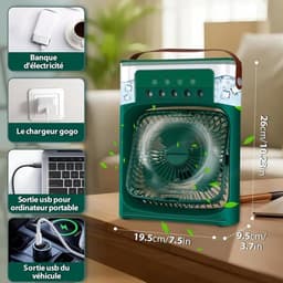 Draagbare airconditioner, mini-airconditioner, ventilator, 3 ventilatorsnelheden, timer, 7 ledlampjes, vernevelingsfunctie (groen). — thumbnail 2