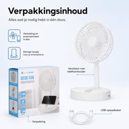 Tafelventilator met Telefoonhouder - USB-C Oplaadbaar - 3 Standen - Opvouwbaar en Draadloos - Staande Mini Ventilator - Fan - Verkoeling - WK Voetbal Kijken Accessoire - Kleine Aircooler - Mobiele Airco - 16,5 x 16,5 x 8 cm - Wit - Silvergear — thumbnail 3