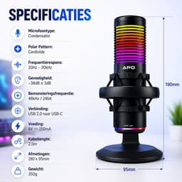 APO Electronics®- APO-1 - Professionele Gaming Microfoon / USB / RGB - Cardioïde Richting / Geschikt voor PS5 PS4 PC XBOX MAC - Voor Podcasts - Streaming - Opnames - Metalen Frame - Zwart — thumbnail 4