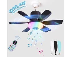 Plafondventilator met verlichting en afstandsbediening met ingebouwde luidspreker - Zwart - Verbeterde RGB-versie - LEC020R - Drie windsnelheden - Kleine plafondventilator met verlichting, geschikt voor slaapkamers en woonkamers - Zwart - 47x18 cm