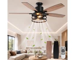 Lapamax Plafondventilator met Verlichting - 5 Omkeerbare Houten Bladen - 6 Snelheden - Afstandsbediening en Timer - Zwart - Ø 112 cm
