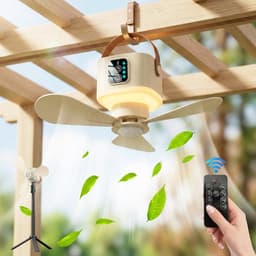 MUPOO Draagbare Oplaadbare Camping plafondventilator met verlichting met Tafelstatief- 7200mAh - Afstandsbediening -4 Standen - Timer & Muggenwerend - Stille Motor & Type-C Opladen- plafonniere met ventilator voor Tent & Overkapping — thumbnail 1