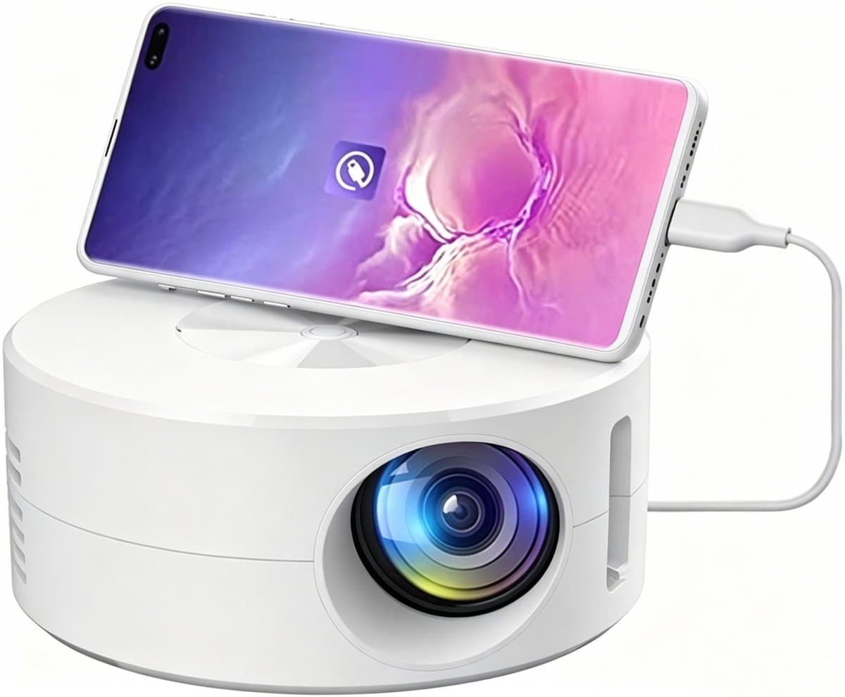 Mini Projector - Mini beamer - Draagbaar - Zakprojector - Draagbare Thuisbioscoop – Ondersteunt – Voor Kinderen & Smartphone – Rond – wit – 11x11x4.7cm — afbeelding 1