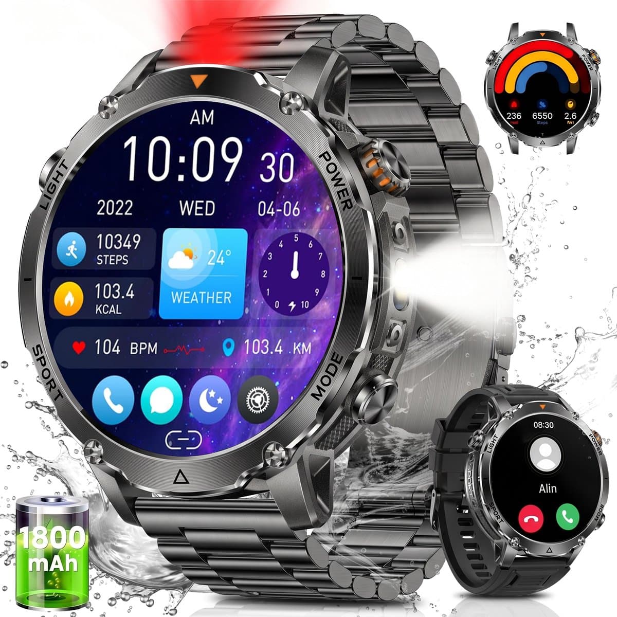 FOSMET GPS Smartwatch Heren 2026 - 47mm AMOLED - 1800mAh Batterij - Belfunctie - Hartslagmeter, SpO2 & Slaapmonitor - IP68 & 5ATM Waterdicht - Militair Design - RVS & Siliconen Bandje – Geschikt voor Android en iOS - Zwart — afbeelding 1