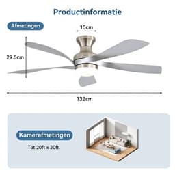 Plafondventilator Met Lamp - 5 ABS Bladen - Ø 132 cm - Dimbare lamp - Met Afstandsbediening - 6 ventilatorstanden - LED's Light - Zilver — thumbnail 5