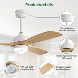 Plafondventilator Met Lamp - 3 Hout Bladen - Ø 52 inch - Dimbare lamp - Met Afstandsbediening - 3 kleurtemperaturen - Geluidsarme werking - LED's Light - Wit, Natuurlijke houtkleur — thumbnail 3