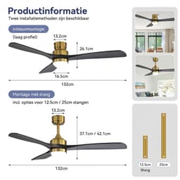 Plafondventilator Met Lamp - 3 Hout Bladen - Ø 52 inch - Dimbare lamp - Met Afstandsbediening - 6 ventilatorstanden - Met timerfunctie - LED's Light - Goud, zwart — thumbnail 5