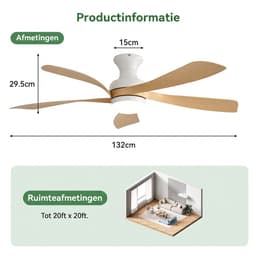 Plafondventilator Met Lamp - 5 ABS Bladen - Ø 132 cm - Dimbare lamp - Met Afstandsbediening - 6 ventilatorstanden - LED's Light - Wit, natuurlijke houtkleur — thumbnail 4