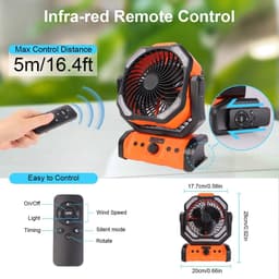20000 mAh USB-campingventilator met LED-verlichting, draagbare oplaadbare bureau-/tentventilator met afstandsbediening en haak, 270° draaibare kop voor vissen en als windscherm. — thumbnail 3