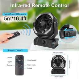 20000 mAh USB-campingventilator met LED-verlichting, draagbare oplaadbare bureau-/tentventilator met afstandsbediening en haak, 270° draaibare kop voor vissen en als windscherm. — thumbnail 3