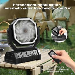 Draagbare campingventilator met LED-verlichting, 4 snelheden, 20000 mAh accu met afstandsbediening en haak, stille USB-tafelventilator voor vissen, picknicks, barbecues en wandelen. — thumbnail 2
