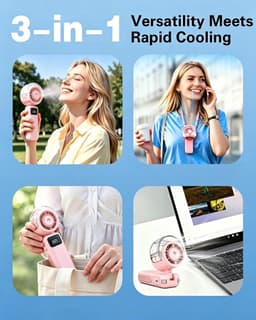 Handventilator met nevel - 65,5 × 54 × 175 mm - Draagbaar - 3600 mAh - Oplaadbaar - 5 windsnelheden - Opvouwbaar - Ideaal voor buitenactiviteiten, reizen, strand, kamperen, golfen - Roze — thumbnail 5