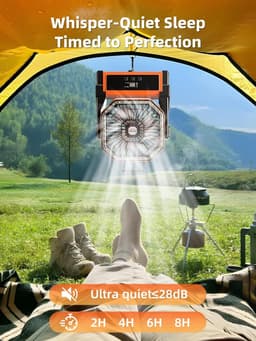 Campingventilator met 20000mAh accu, 4 windsnelheden, stille USB-ventilator met LED-verlichting, 270° draaibaar, oplaadbare tafelventilator, werkt op batterijen, geschikt voor reizen, picknicks en wandelen. — thumbnail 4