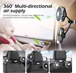 Elektrische autoventilator voor de achterbank - Draagbaar - Hoofdsteunmodel - 360° draaibaar - 12V - Dubbele ventilatorkoppen - USB-aansluiting — thumbnail 2