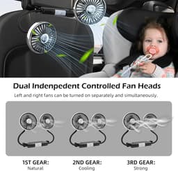 Elektrische autoventilator voor de achterbank - Draagbaar - Hoofdsteunmodel - 360° draaibaar - 12V - Dubbele ventilatorkoppen - USB-aansluiting — thumbnail 4