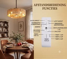 Plafondventilator met Verlichting en Afstandsbediening - Rotan Plafondlamp - Boho Retro Stijl - E27 - 6 Snelheden & Timer — thumbnail 4