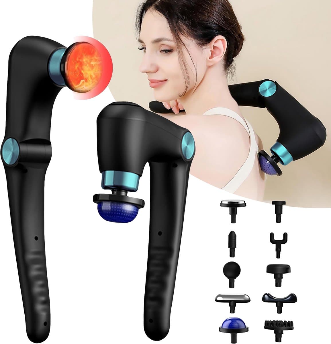 Opvouwbaar Warmte- En Koudmassagepistool - 9 Versnellingen 10 Koppen - Draadloze Handpercussiemassageapparaten - Rugmassageapparaat — afbeelding 1