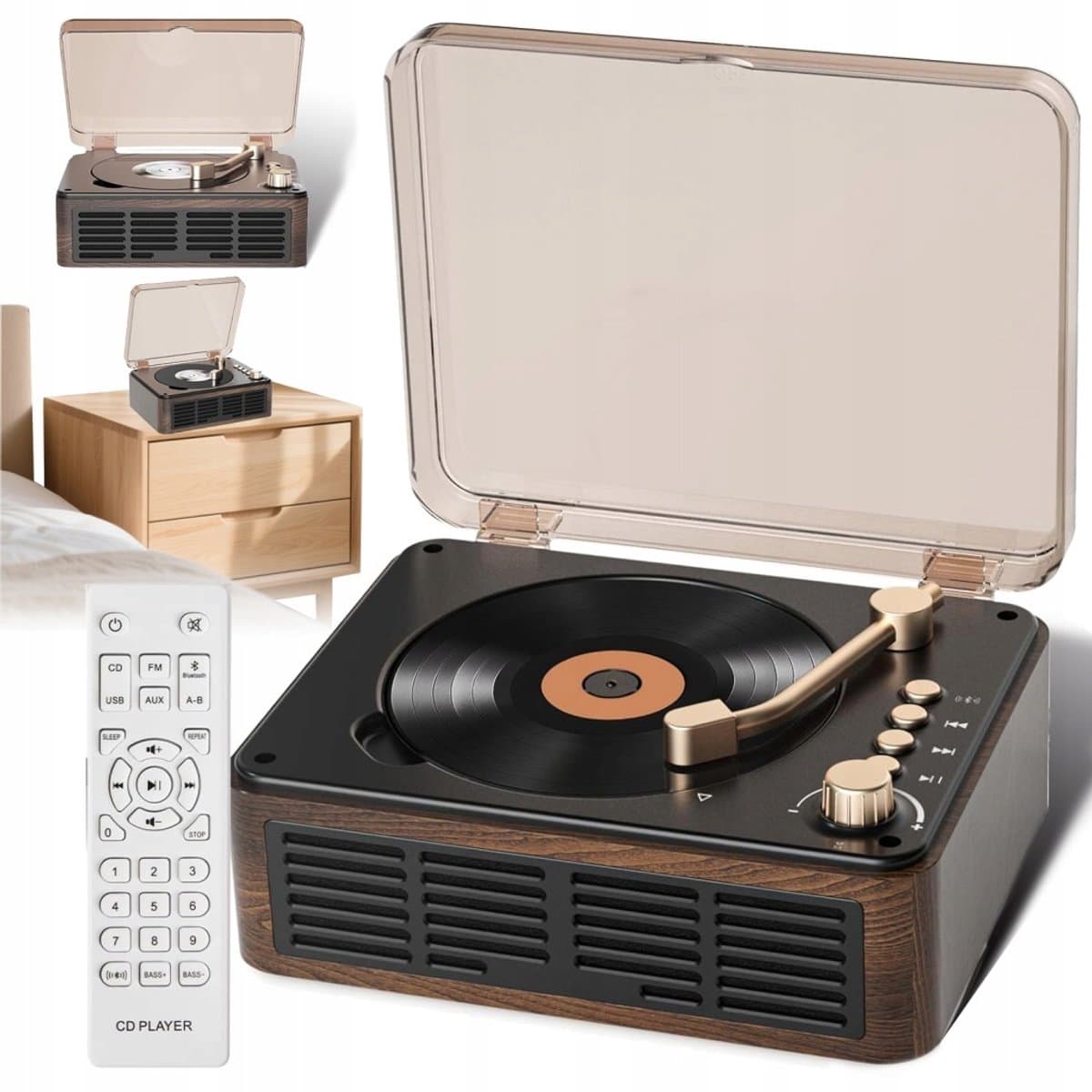 Retro CD-speler met Bluetooth-luidspreker-FM-radio en AUX-ingang- geschikt voor telefoon-laptop- tablet-tv en computer — afbeelding 1
