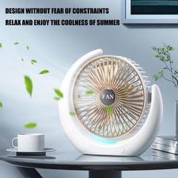 Oplaadbare bureaumventilator - USB tafelventilator met RGB licht - Stille kleine bureauventilator - 3 snelheden tafelventilator - RGB looplicht, bedraad en draadloos gebruik - Kunststof - 20×5×21cm - Geschikt voor kantoor en thuis - Goud — thumbnail 4