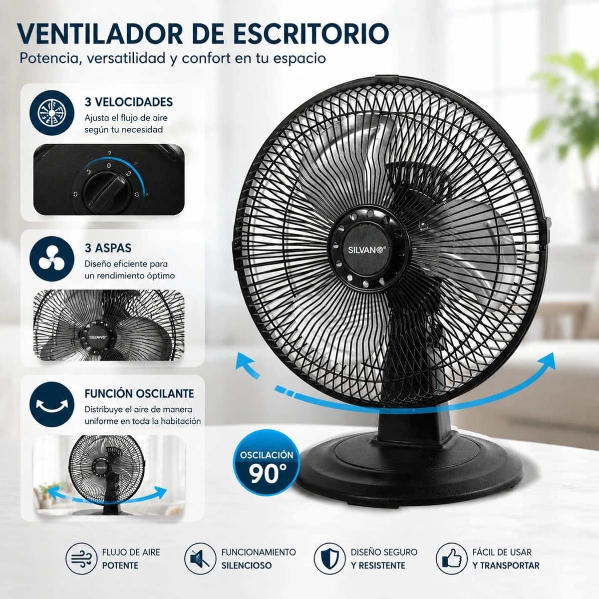 Wentinkmo tafelventilator 30cm - 3 snelheden laag - verstelbare kantelhoek. — afbeelding 1