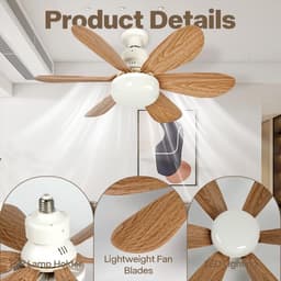 Plafondventilator met Licht - Inschroefbare Mini Ventilator met Afstandsbediening - 52 cm - 3 Snelheden en 3 Kleurtemperaturen - Houttint — thumbnail 2