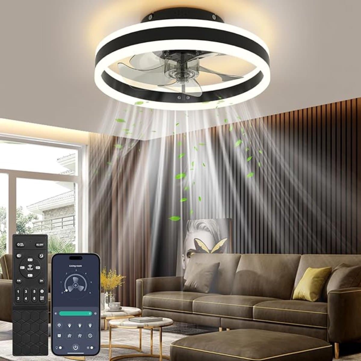Thuys - Plafondventilator met LED Verlichting - 48W - Dimbaar - Afstandsbediening & App - 6 Snelheden - Zomer/Winterfunctie - Zwart — afbeelding 1