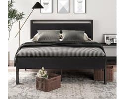 Tweepersoonsbedframe met beklede hoofdbord in donkergrijs, houten lattenbodem, geluidloos, geen boxspring nodig, eenvoudig te monteren
