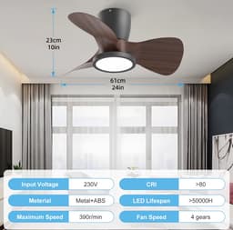 Stille Plafondventilator met Licht - Afstandsbediening - 50W - Plafondventilatorlamp - Woonkamer - 4 Snelheden - 3 Bladen - Bruin - 61 cm — thumbnail 5