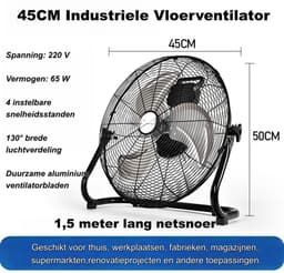 Casalora Krachtige Ventilator - Ventilator Staand - Industriële Vloerventilator 45CM – Zwarte Tafelventilator met 4 Snelheden, 130° Draaibare Luchtstroom, Aluminium Bladen voor Woonkamer, Garage en Werkplaats — thumbnail 5