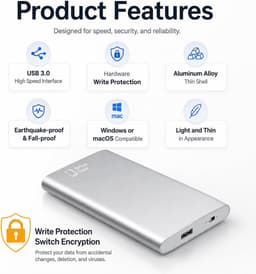 Externe SSD - Draagbare Harde Schijf - Data Beveiligen - Schrijfbeveiliging Switch - 2TB - Zilver — thumbnail 3