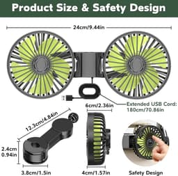 LISM - USB-ventilator voor de achterbank; dubbele ventilator voor de airconditioning in de auto; 360° draaibare hoofdsteunventilator; krachtige draagbare ventilator met drie snelheidsstanden. — thumbnail 3