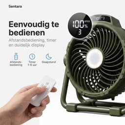 Sentara Campingventilator Oplaadbaar 10000mAh – Lichtgewicht Draagbare Buitenventilator met LED-nachtlamp, Powerbank-functie, Timer & Opbergtas – Ophangbaar of Staand – 5 Standen – Legergroen — thumbnail 2